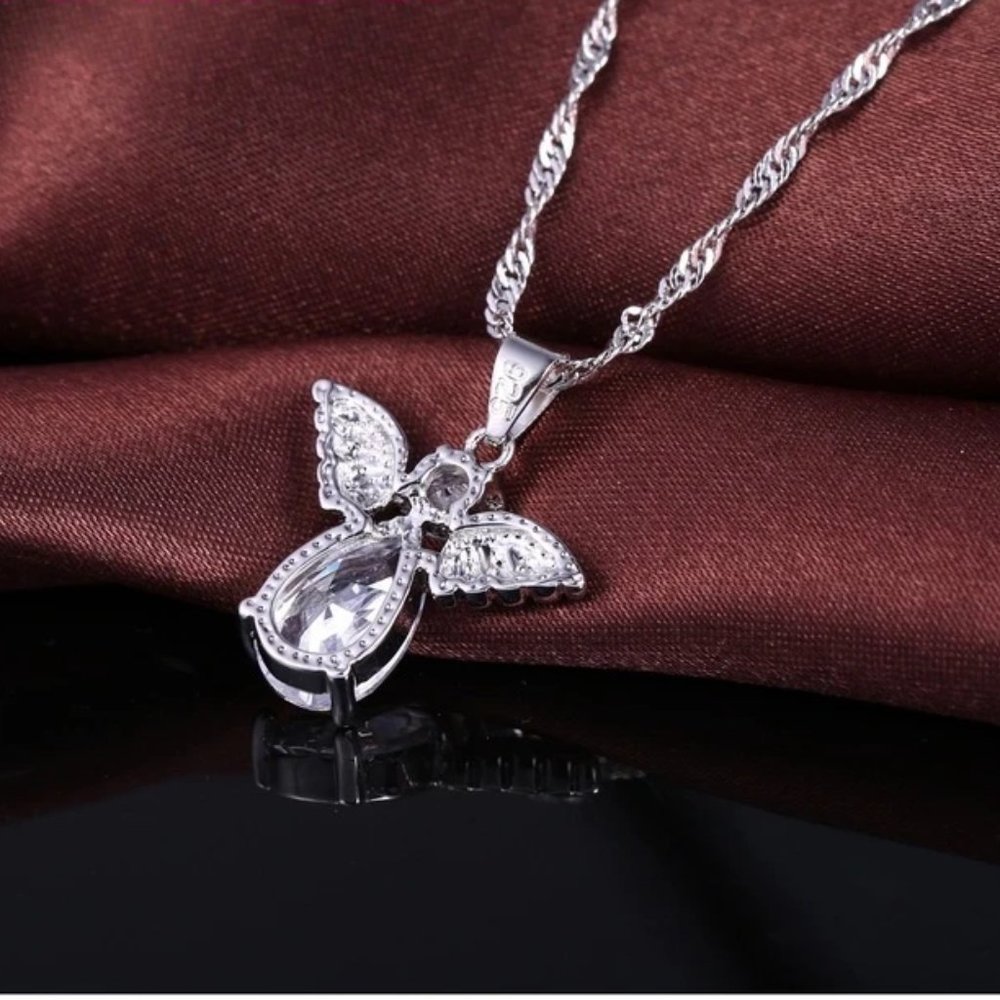 ⭐4pc Bundle Sale⭐ Diamond Angel Pendant And Earrings, w.18 Chain 925 Silver - Picture 2 of 7